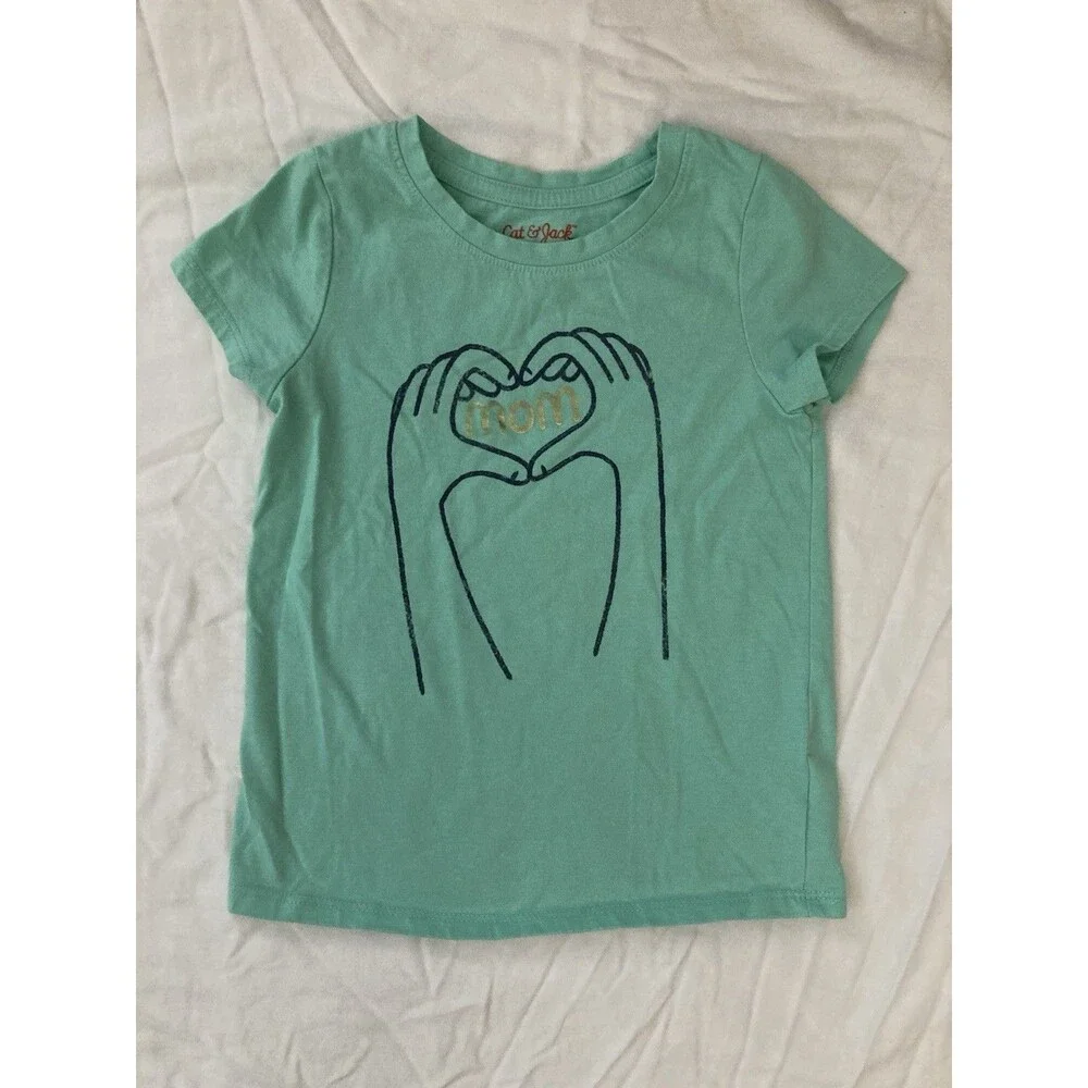 5T Cat & Jack girls clothes - 1 piece T shirt | solid mint green and mom theme